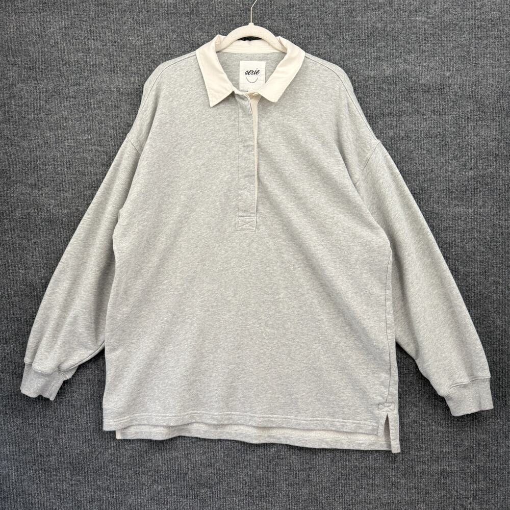 Aerie Womens Rugby Shirt Size L Heathered Gray Oversized Relaxed Long Sleeve